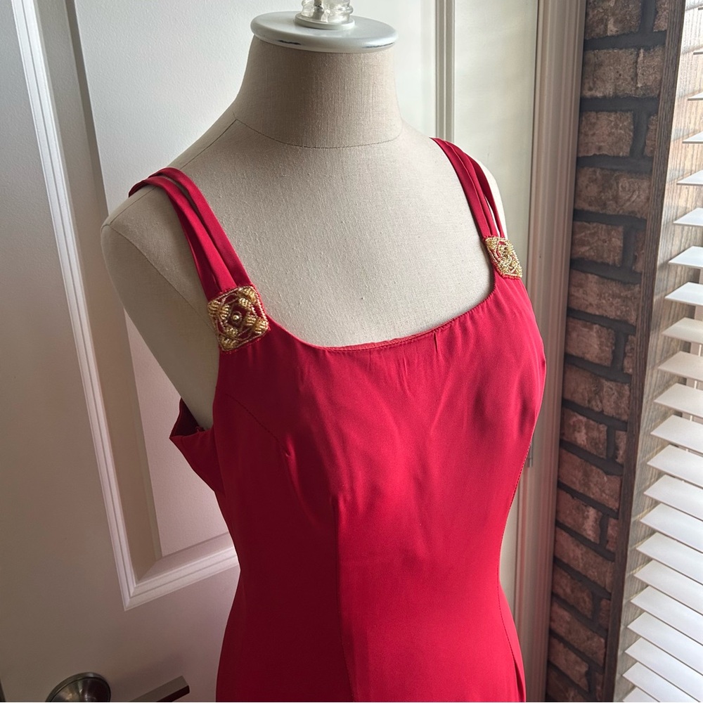 Vintage Red Floor Length Gown Spaghetti Straps 80s 90s - Picture 6 of 12